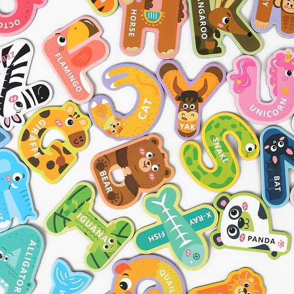 A collection of 26 magnetic alphabet and animal stickers for kids featuring various colors and shapes.