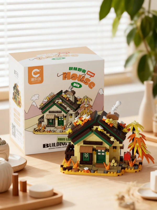 Ein Karton für ein Forest Cabin Micro-Bausteinset mit einem Haus, Gewächshaus und einer Windmühle