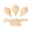 A set of three unfinished wooden spinning tops with steel points for paint your own craft toys.