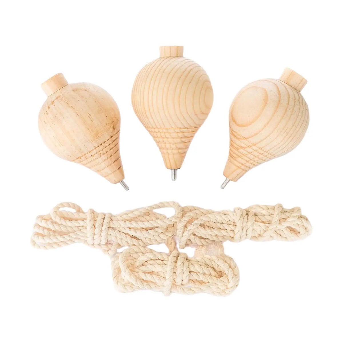A set of three unfinished wooden spinning tops with steel points for paint your own craft toys.