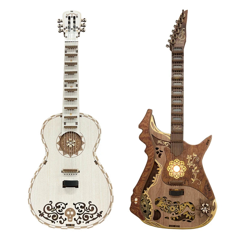 A wooden miniature guitar model kit featuring a light wood body with intricate carvings and a detailed neck.