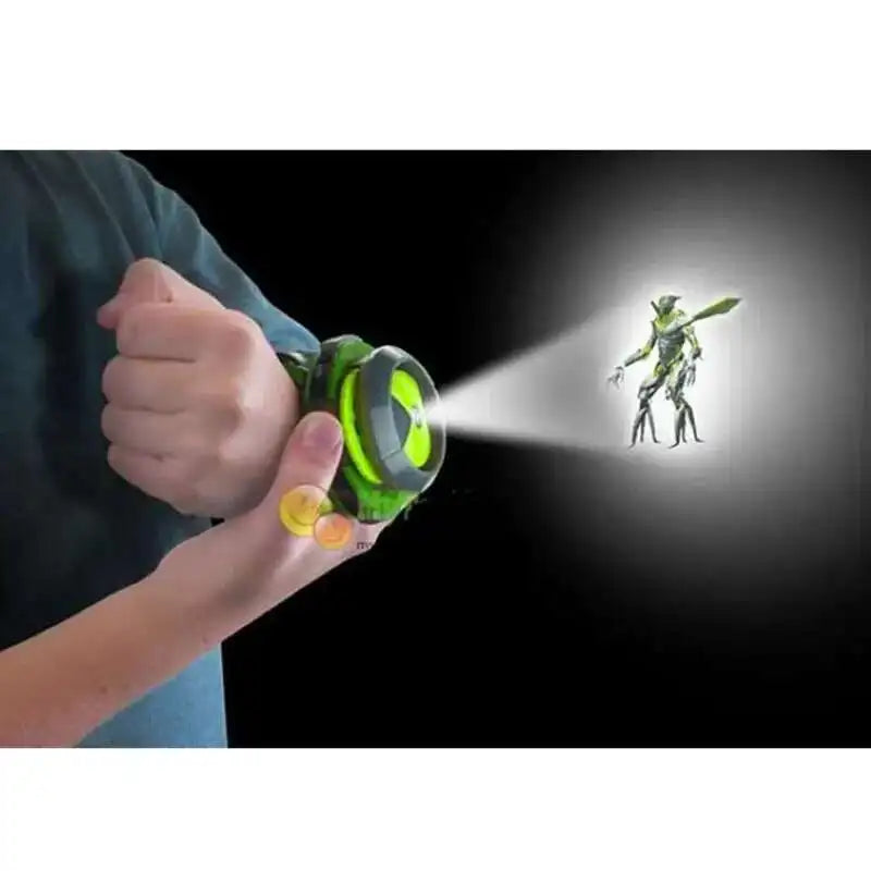 A hand holds a green projector device emitting a bright beam onto a figure resembling a Ben 10 alien.