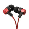 A pair of black in-ear wired earbuds with red accents and a black cord.