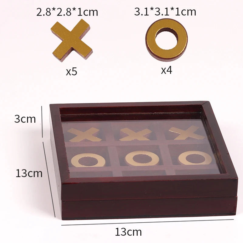 A wooden tic tac toe strategy game box containing five X shapes and four O shapes.