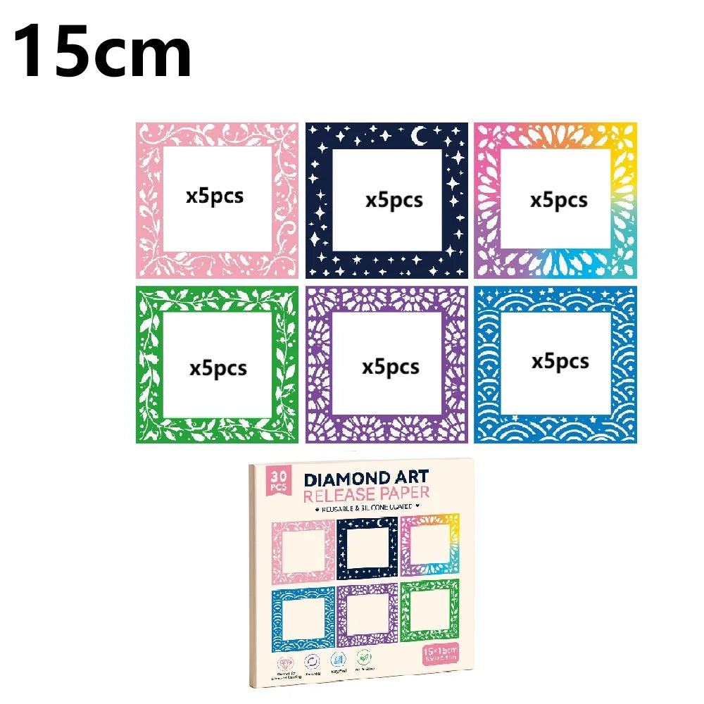 A set of 30 sheets of reusable non-stick release paper for diamond painting in various colors and patterns.