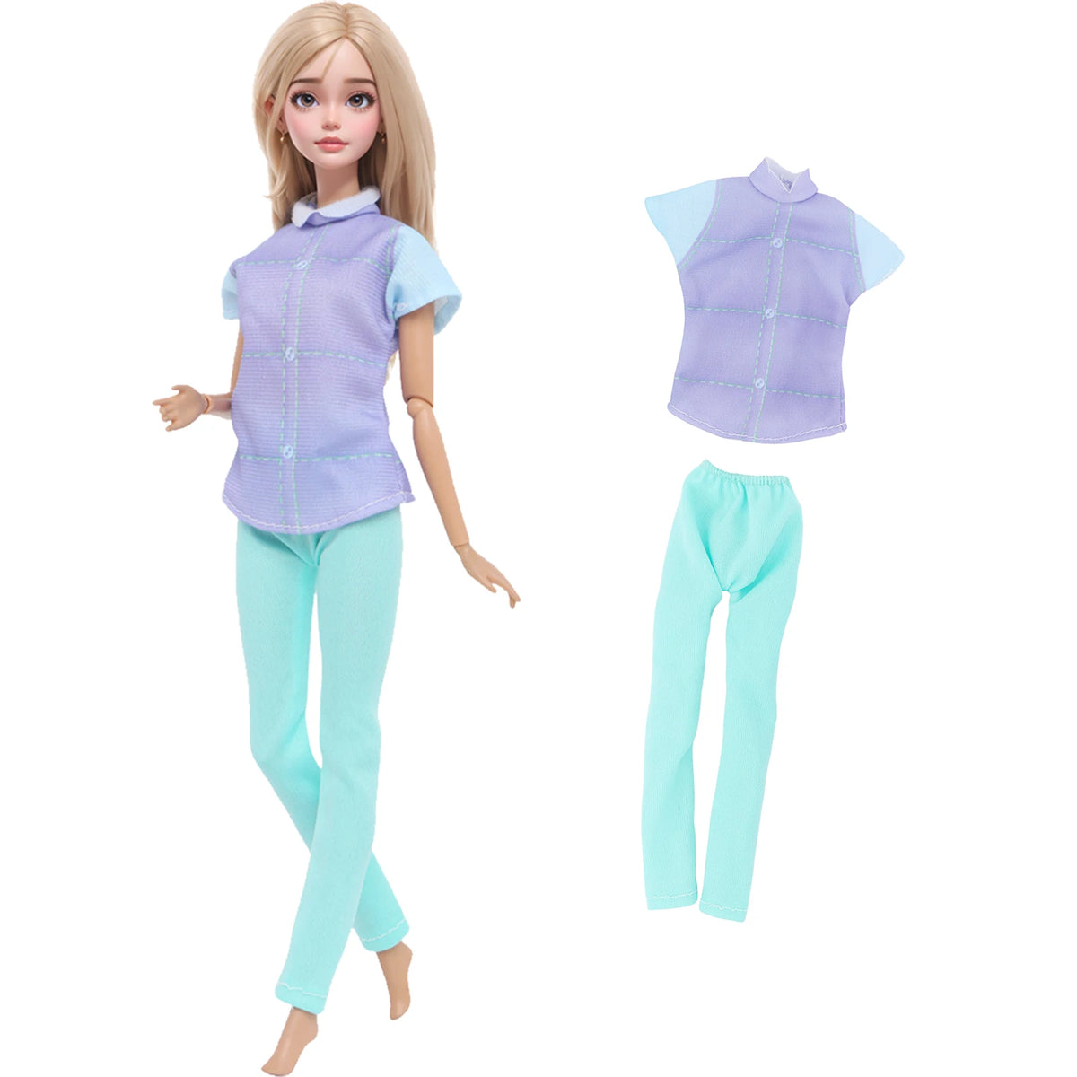 A fashion doll outfit set featuring a purple collared shirt and matching light blue pants.