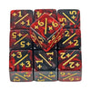 A set of ten acrylic counter dice in red and black marbled designs, showing various numbered faces.