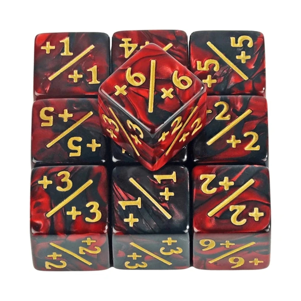 A set of ten acrylic counter dice in red and black marbled designs, showing various numbered faces.