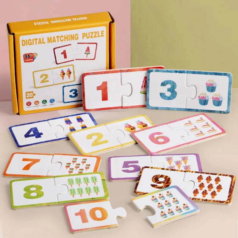 A collection of wooden number matching puzzles numbered 1 through 10 are displayed next to a yellow box.