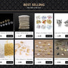 A grid of various silver and gold beads including Tibetan silver, crystal, and metal beads for jewelry making