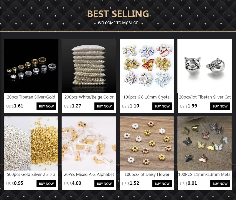 A grid of various silver and gold beads including Tibetan silver, crystal, and metal beads for jewelry making
