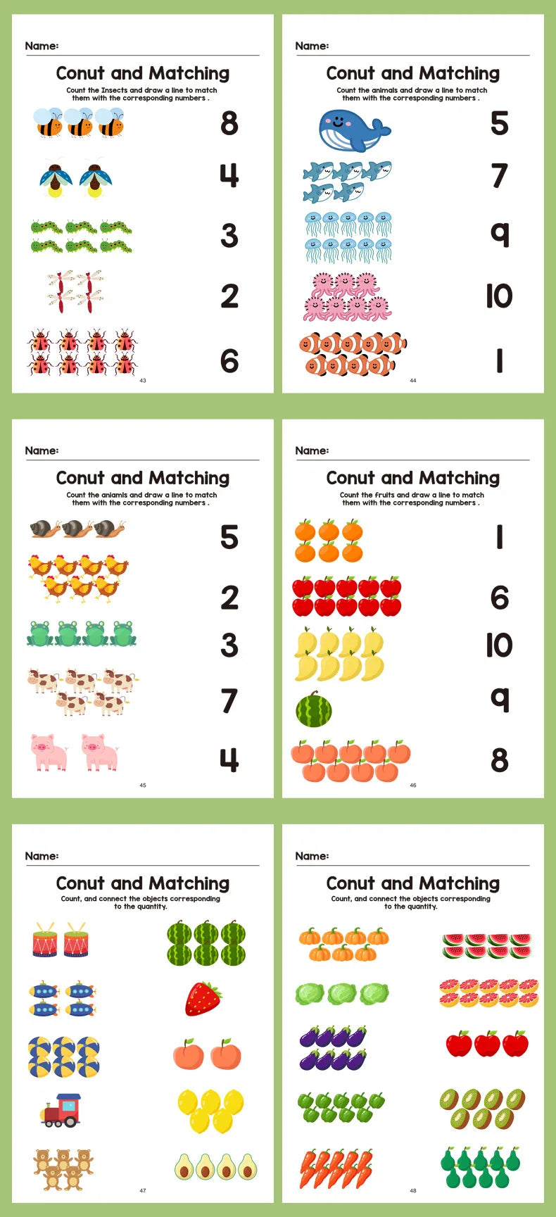Preschool math workbook featuring various counting and matching exercises for numbers 2 through 10.