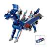 A blue and silver transforming dinosaur car toy with detailed mechanical features.
