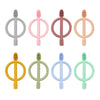 A set of five soft silicone baby teethers in various pastel colors including gray pink peach and orange
