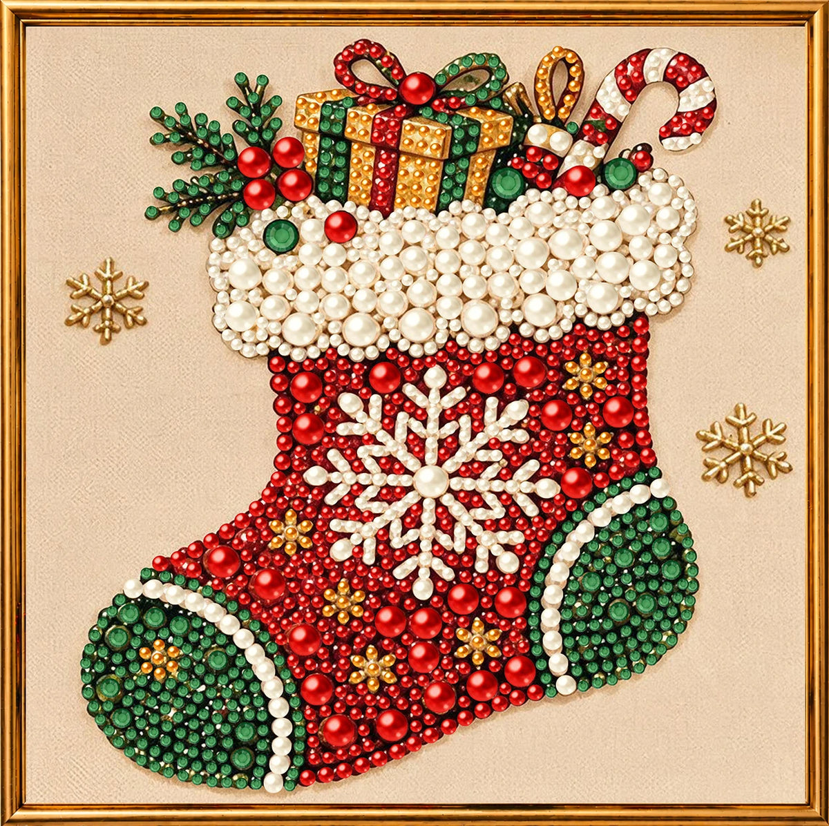 A detailed diamond painting of a festive Christmas stocking featuring red, green, and white elements.