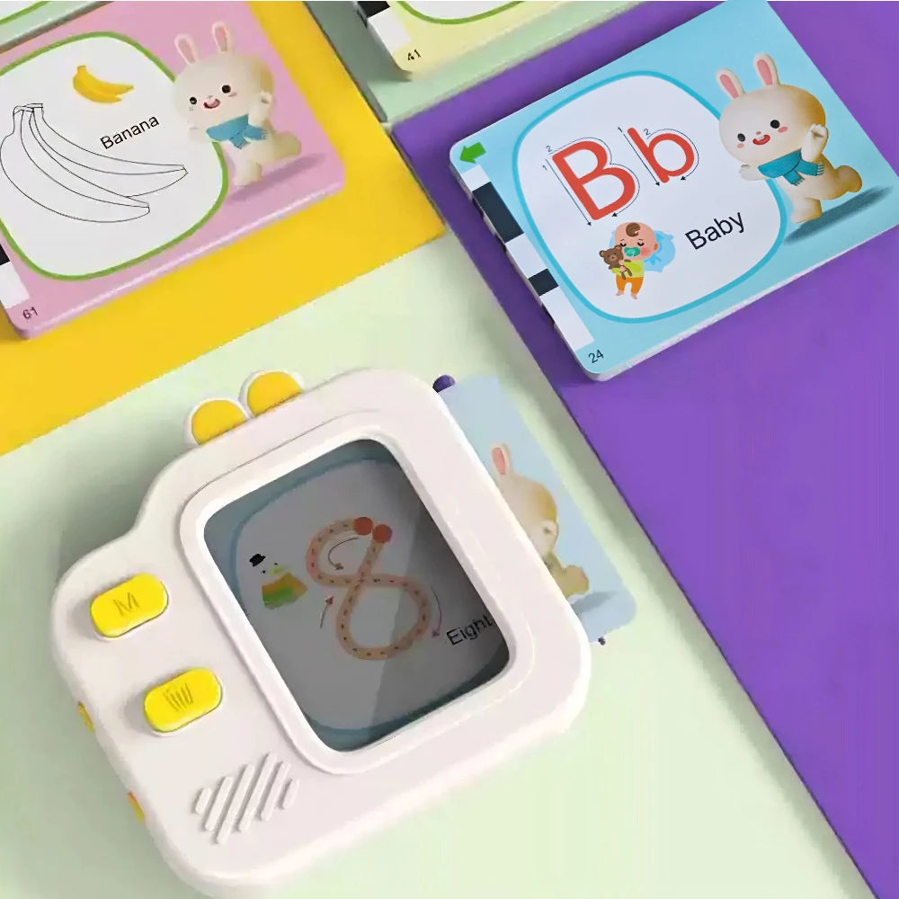 A white interactive learning flash card with a drawing board showing the number eight and a baby illustration.
