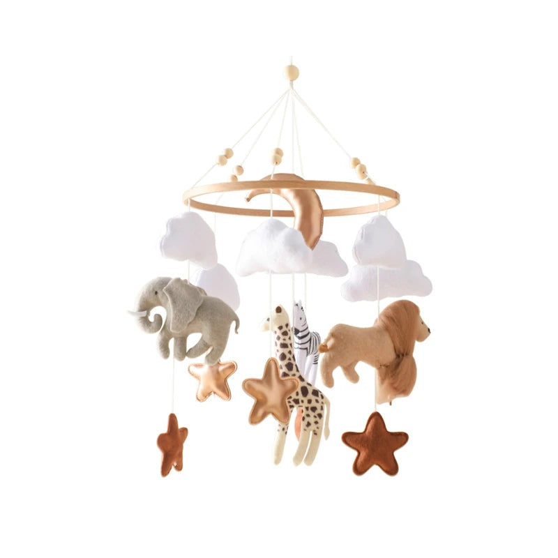 Wooden felt forest animal crib mobile featuring elephants, a horse, and various clouds and stars.