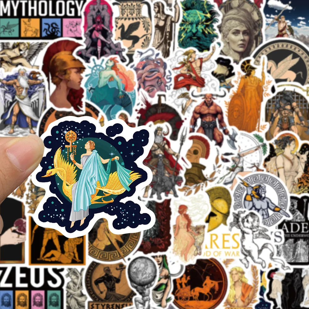 A collection of vintage Greek mythology aesthetic stickers featuring gods, goddesses, and mythological figures.