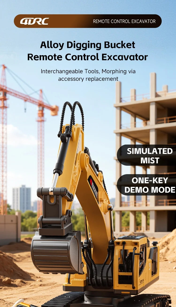 A yellow remote control excavator with an alloy digging bucket is shown in a construction site setting.