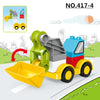 A yellow and blue construction vehicle building block set with a yellow scoop on a green landscape.