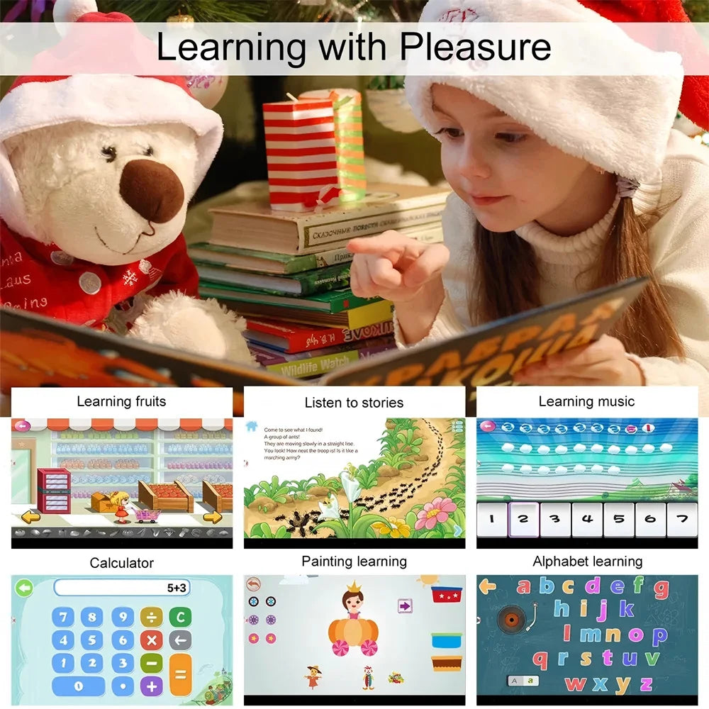 A collection of learning activities on a tablet including fruits, stories, music, painting, and alphabet lessons.