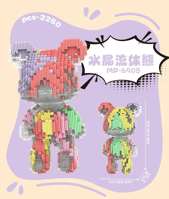 A set of brick art building blocks shaped like a bear bouquet, featuring pink, green, and gray colors.
