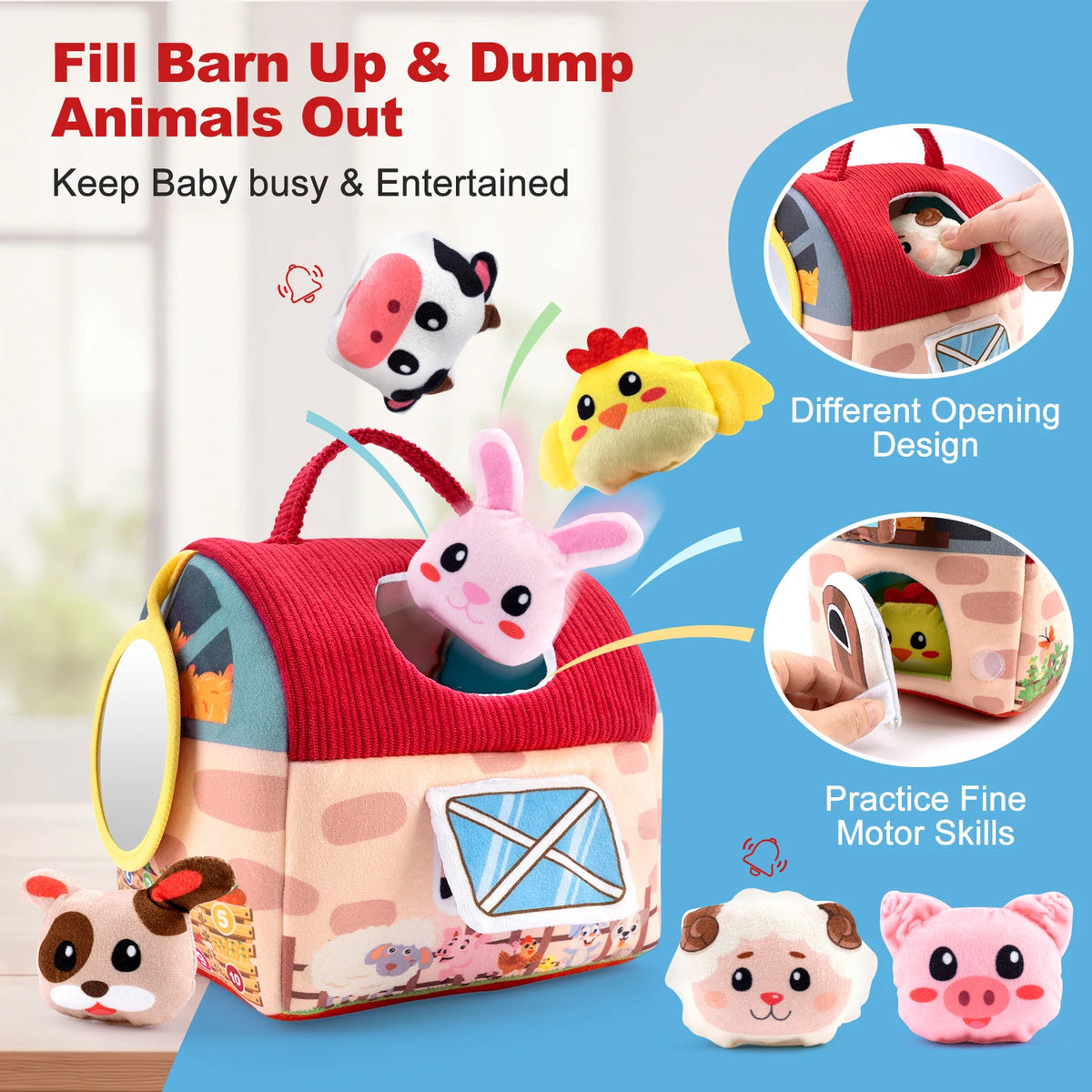 A set of soft plush farm animals for baby play including a red storage box and various animal figures