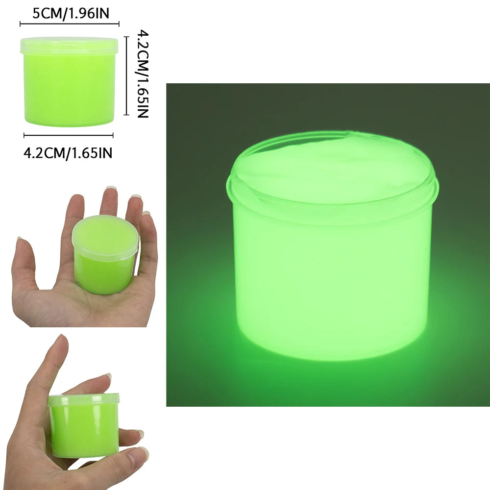 A lime green glow-in-the-dark crystal slime jar with a lid, shown next to a hand and in a close-up view.
