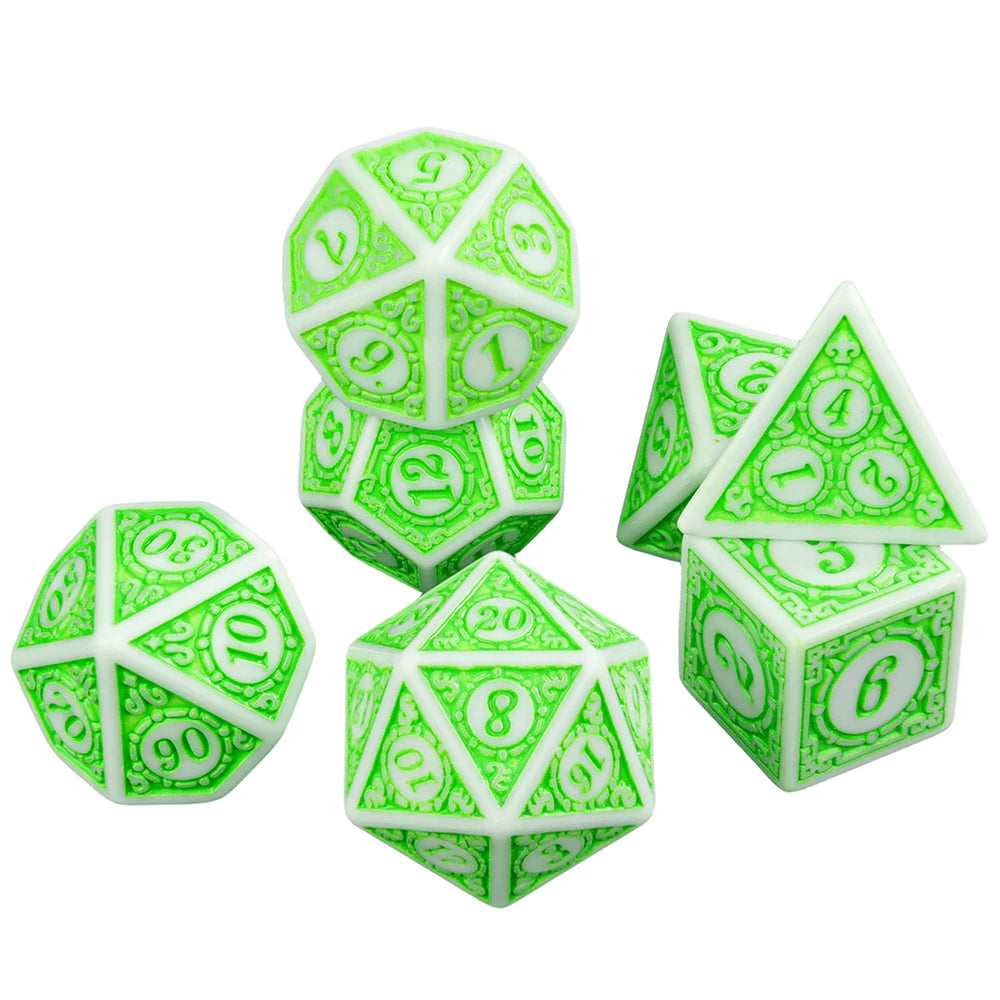 A set of seven green polyhedral dice, including a d4, d6, d8, d10, d12, d20, and d100, with white markings.