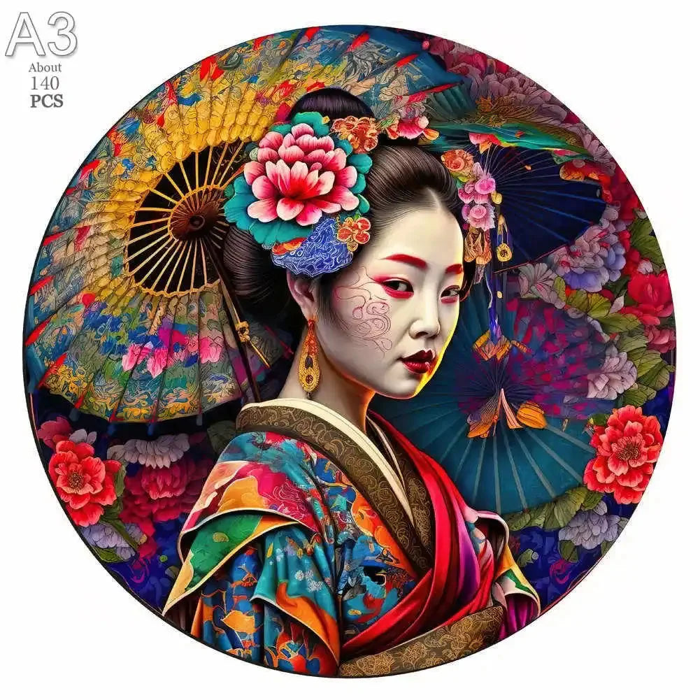 A detailed painting of a woman with elaborate hair and floral decorations, set against a vibrant background featuring traditi