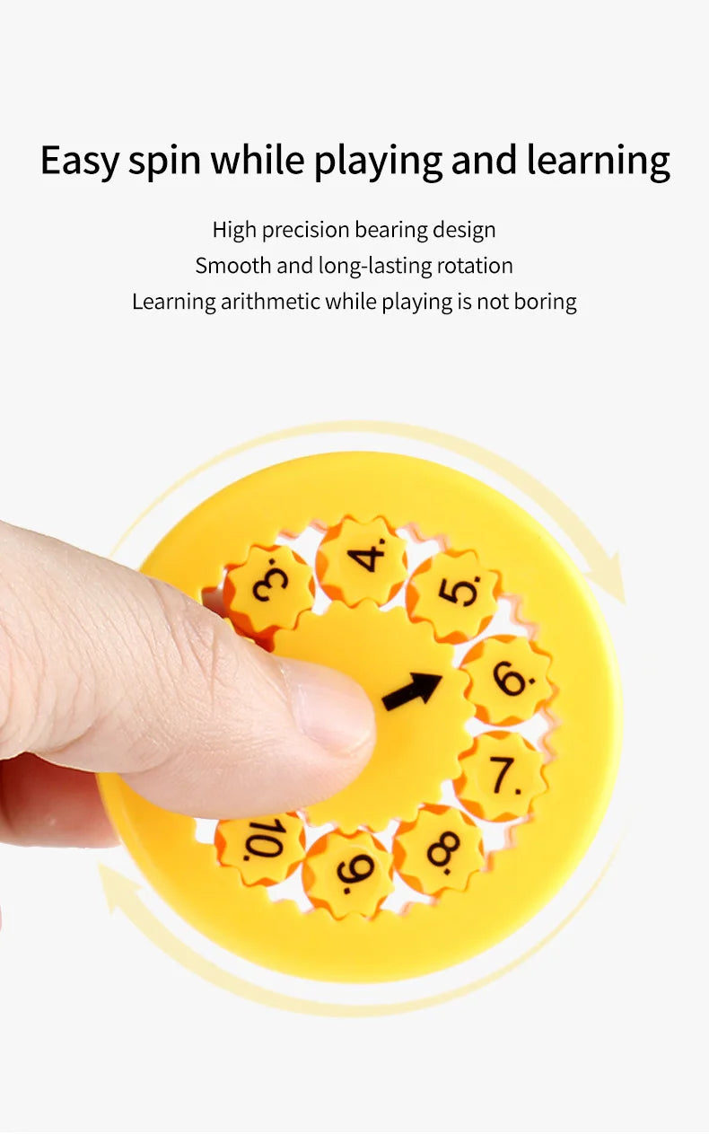 A hand is spinning a yellow math fidget spinner with numbered orange components.