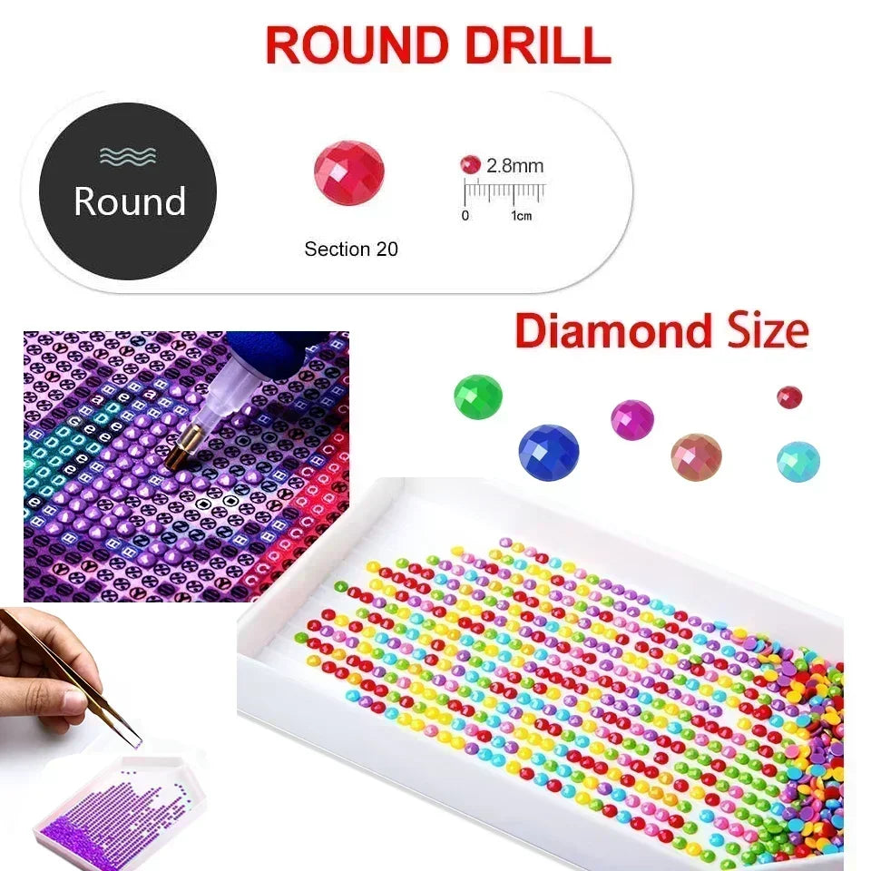 Diamond painting kit showing a section of round drill work and finished pieces on a white tray