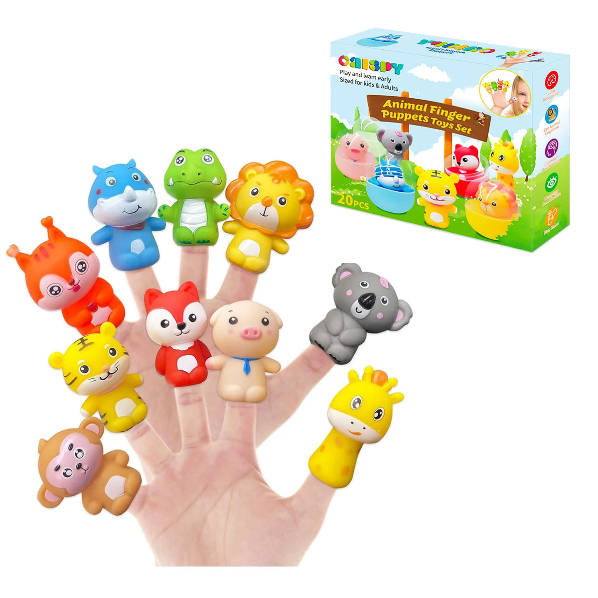 A hand holds a set of colorful soft rubber animal finger puppets for kids, including various jungle and farm animals.