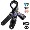 Black guitar strap with purple floral pattern, featuring picks and strap locks.