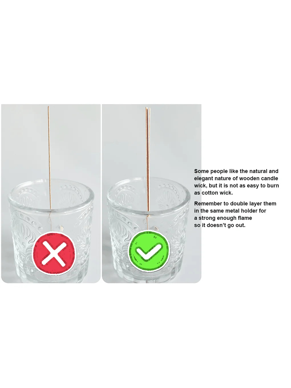 A glass candle holder with a wooden wick inserted, demonstrating the difference between cotton and wood wicks.