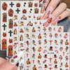 A set of six sheets featuring vintage angel and saint nail art stickers with cherubs and crosses on a clear background