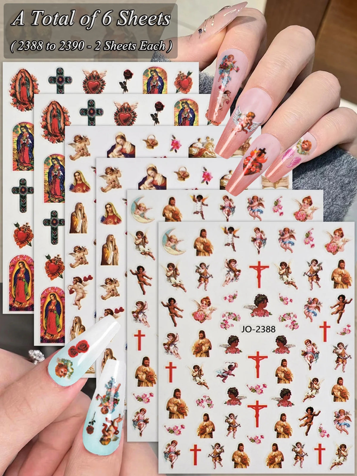 A set of six sheets featuring vintage angel and saint nail art stickers with cherubs and crosses on a clear background