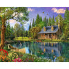A painting depicting a rustic wooden house by a pond with trees and birds.