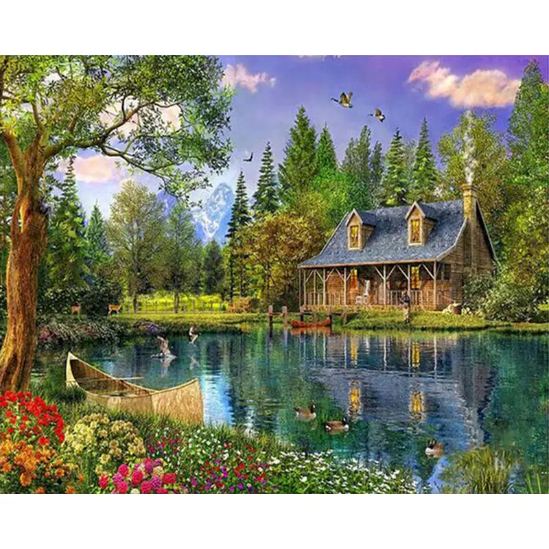 A painting depicting a rustic wooden house by a pond with trees and birds.