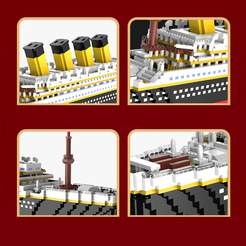 Micro building block set depicting a Titanic iceberg scene with figures and detailed structures.