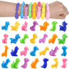 A collection of colorful animal and dinosaur sensory stress bracelets for kids