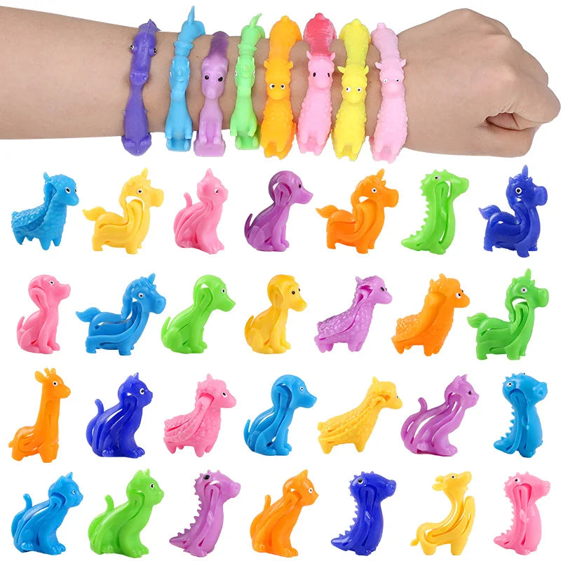 A collection of colorful animal and dinosaur sensory stress bracelets for kids