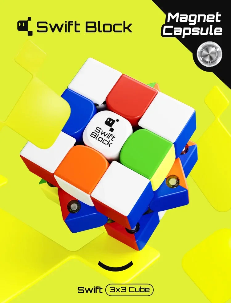 A white and colored Swift Block magnetic cube is shown next to a Magnet Capsule.