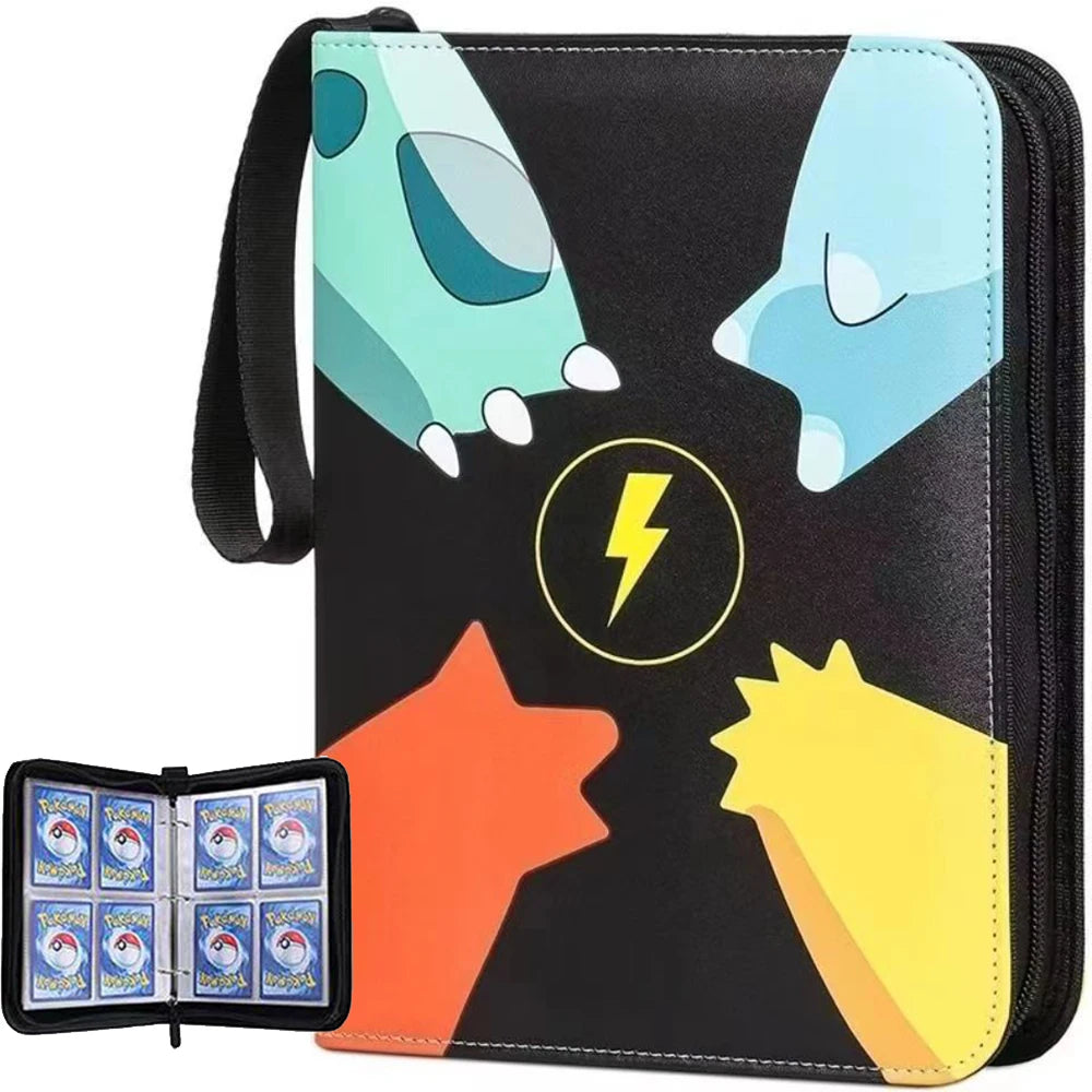 Black PU leather card binder with a zipper featuring a light blue and green monster design.