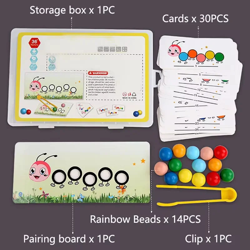 Storage box containing cards, rainbow beads, and a pairing board for a fine motor skills game