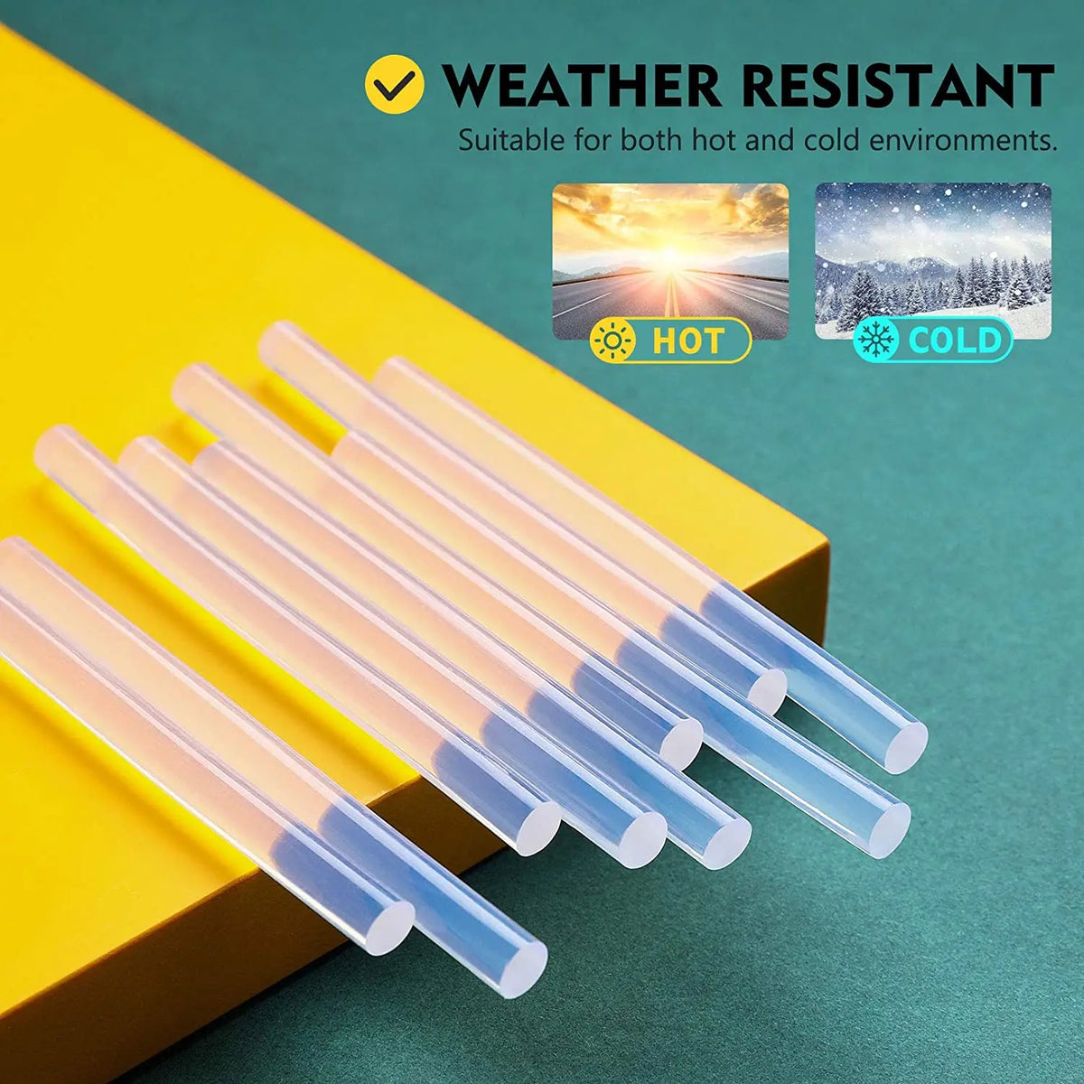 A collection of clear hot glue sticks are displayed on a yellow surface with weather resistant labels for hot and cold enviro