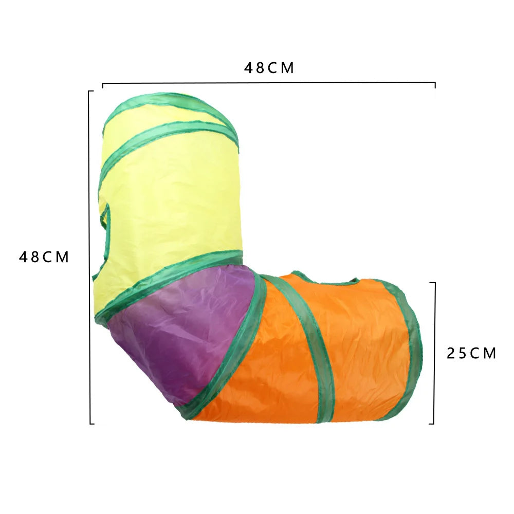 A foldable S-shaped cat tunnel featuring bright yellow, purple, and orange fabric with green accents.