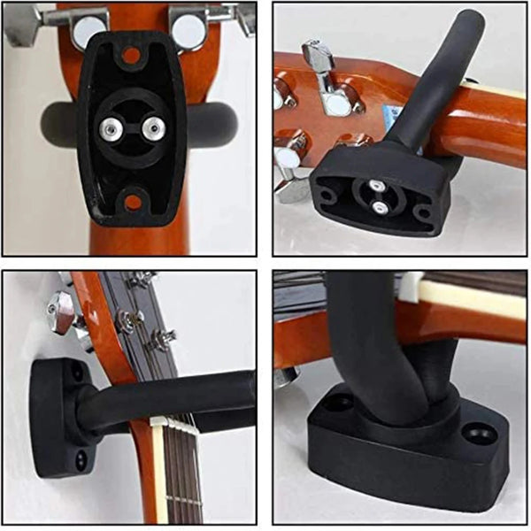 A set of black wall mount guitar hangers and non-slip holders for securing guitars.