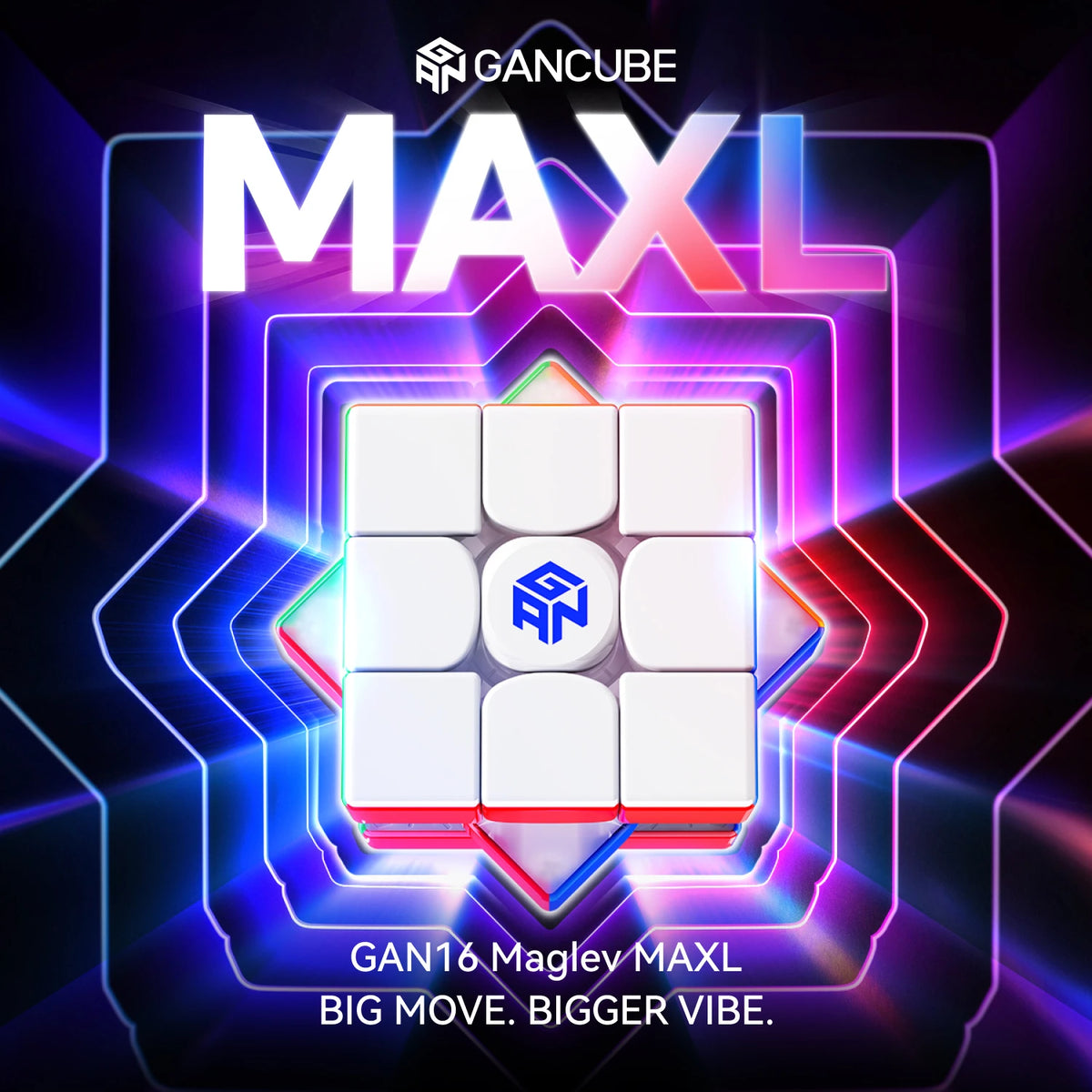 A promotional image for the GAN16 Maglev MAX magnetic speed cube featuring a white cube design with purple and blue neon ligh