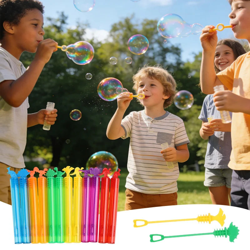 A set of colorful dinosaur-themed bubble bottles and yellow and green bubble tools for kids